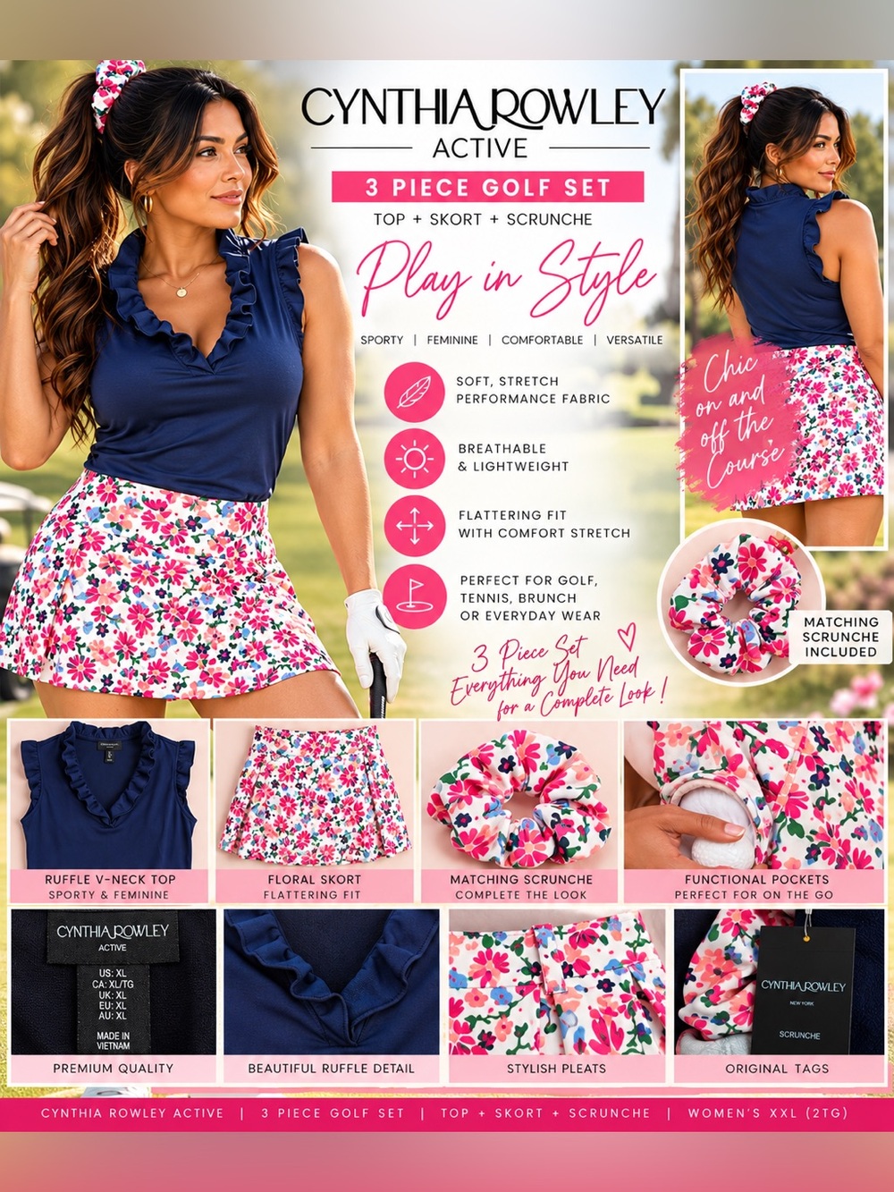 Cynthia Rowley Navy Ruffle V‑Neck Top, Floral Skort & Scrunchie size XL